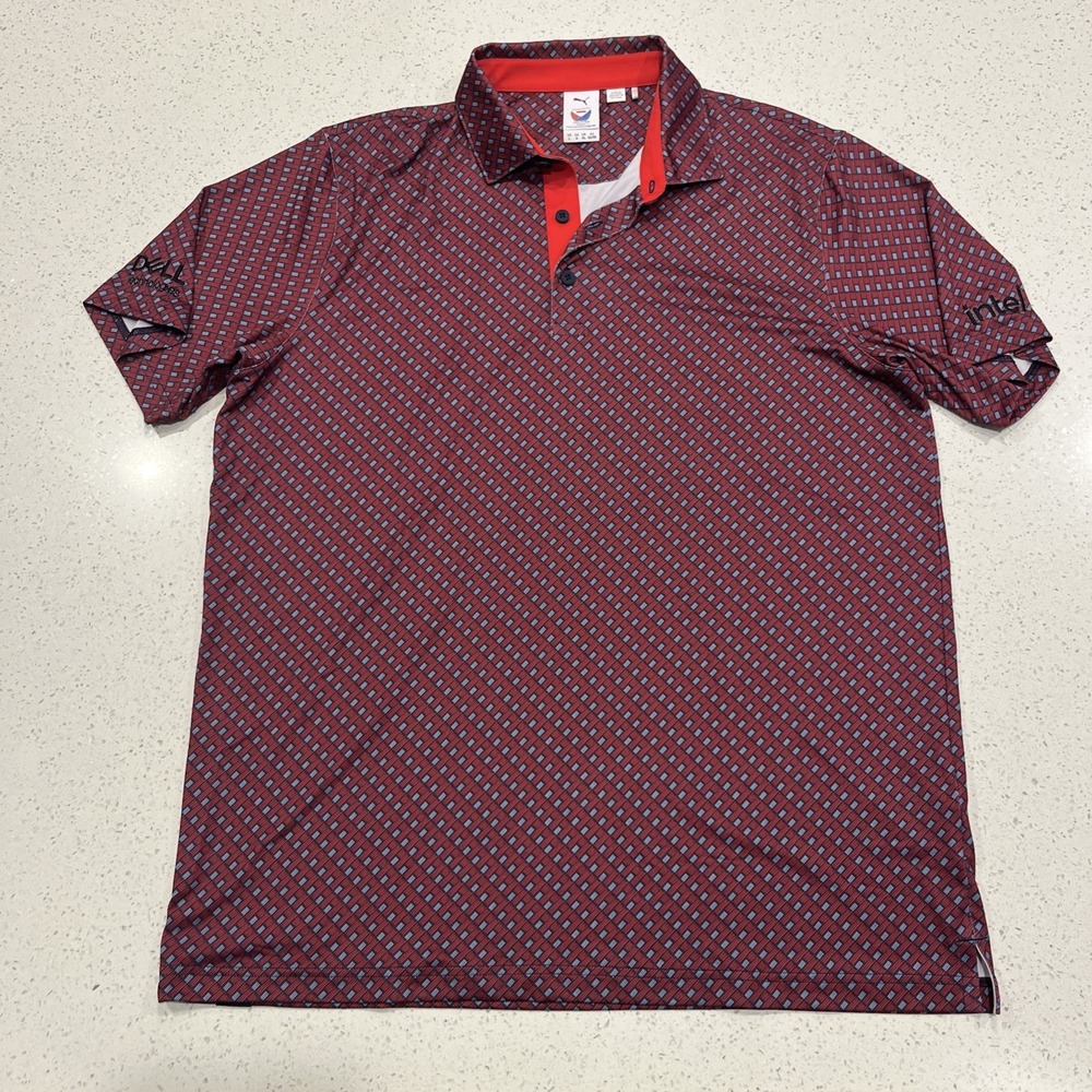 Puma Volition Polo Shirt Mens Large Red AOP American Flag Golf Arm Embroidery